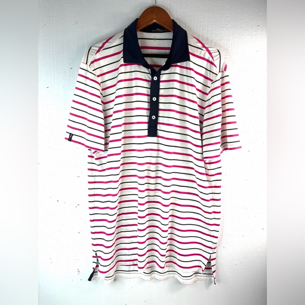 RLX Ralph Lauren L Wicking Golf Striped Polo Navy and Pink Striped on White Polo